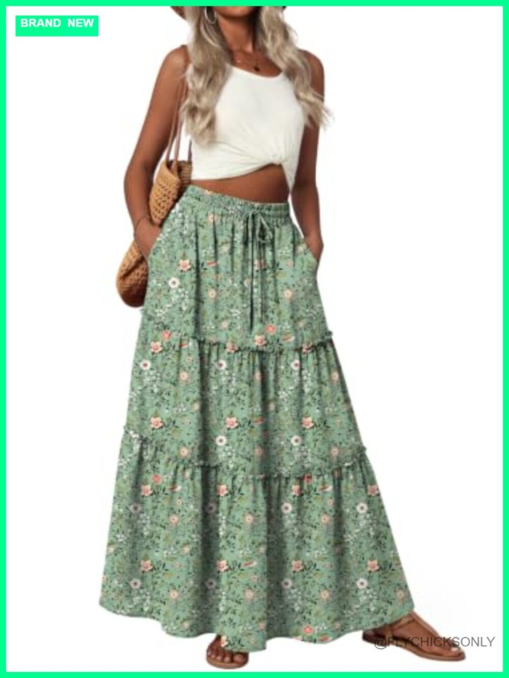 Womens Boho Maxi Skirt Flowy High Waist Ruffle Hem Hidden Pockets Long Skirt